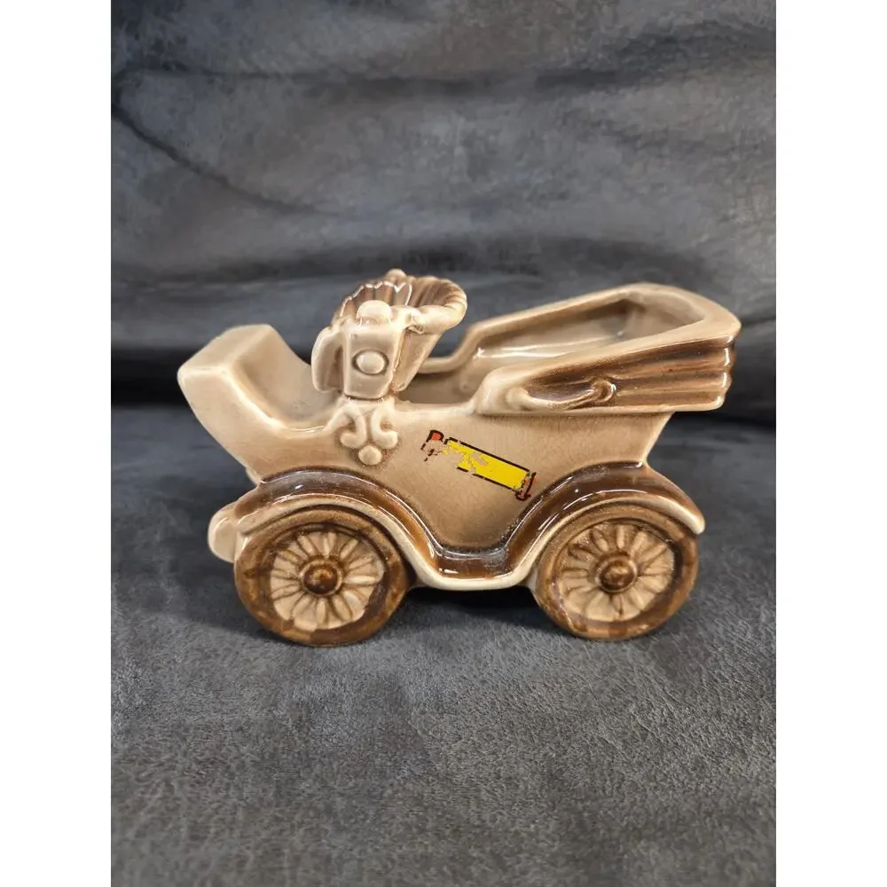 Vintage Ceramic Antique Car Planter Made in Japan Brown Glaze Horseless Carriage